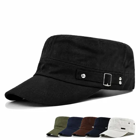 Unisex Cotton Flat Top Military Cadet Cap Adjustable Vintage Army Hat With Metal Buckle Rivets For Outdoor Sun Protection