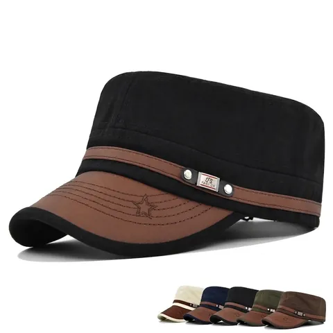 Berretto Militare Vintage in Tela di Cotone a Cima Piatta Con Tesa in Pelle Protezione Solare Regolabile Cappello da Baseball per Uomo Donna