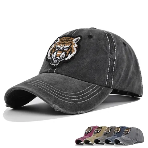 Vintage Gewassen Katoen Baseballpet Distressed Tijgerkop Borduurwerk Verstelbare Zonnehoed Voor Outdoor Casual Streetwear Dames Heren