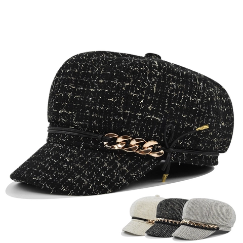 Cappello da Strillone da Donna in Cotone Tweed Decorazione Catena d'Oro Cappello Baker Boy Filo d'Oro Corona Piatta Retro