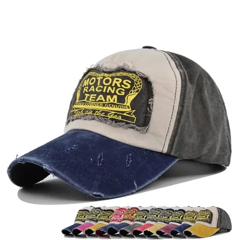 Berretto da Baseball Vintage in Cotone Lavato Motors Racing Team Patchwork Distressed Cappello da Sole Donna Uomo Trucker Regolabile