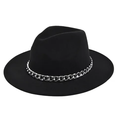 Damen Herren Vintage Wollfilz Fedora Hut Mit Silberner Metallkette Flache Krempe Breiter Rand Jazz Hut Mode Winter Warmer Sonnenhut