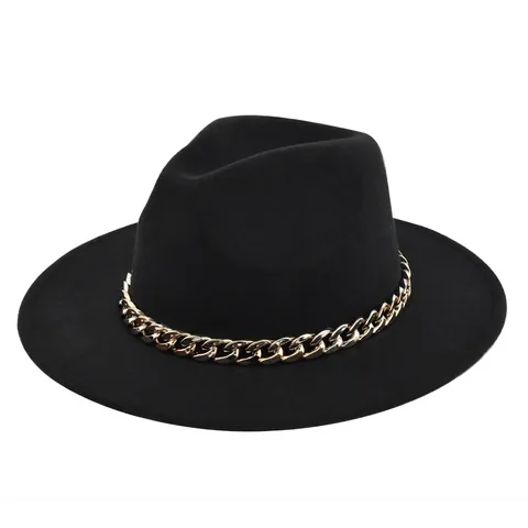 Vintage Wollen Vilt Fedora Hoed Met Gouden Metalen Ketting Brede Platte Rand Jazz Hoed Voor Dames Heren Feest Accessoire
