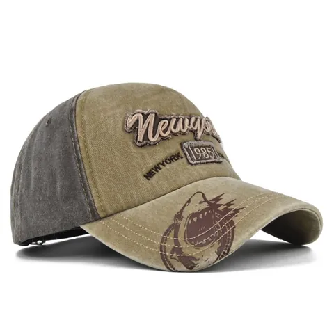 Cappellino da Baseball in Cotone Lavato Vintage con Ricamo 3D New York Patchwork Stampa Squalo Regolabile per Uomo Donna