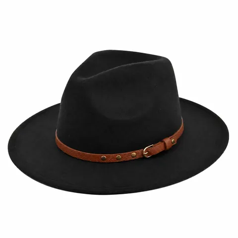 Unisex Καπέλο Φεντόρα Με Πλατύ Γείσο Ρετρό Καπέλο Τζαζ Από Απομίμηση Μαλλί Με Καφέ Δερμάτινη Ζώνη Με Πριτσίνια Για Άνδρες Γυναίκες