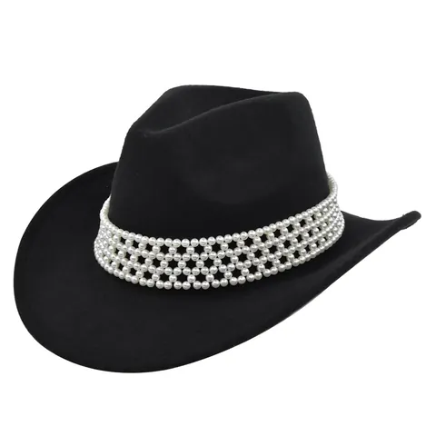 Western Cowboy Hat For Women Felt Fedora Hat With Faux Artificial Pearl Woven Band Wide Brim Jazz Hat For Party Travel Wedding Jewelry