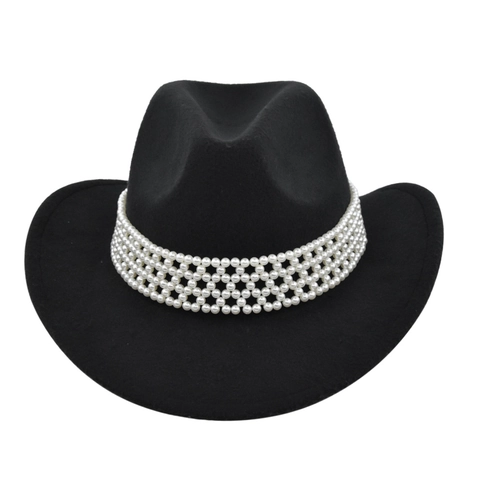 Western Cowboy Hat For Women Felt Fedora Hat With Faux Artificial Pearl Woven Band Wide Brim Jazz Hat For Party Travel Wedding Jewelry