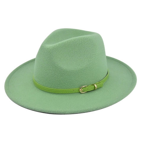 Vintage Unisex Polyester Felt Fedora Hat Wide Brim Jazz Hat With Contrast Green Belt Gold Buckle Stylish Flat Top Party Cap