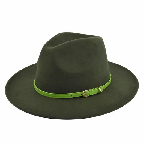 Vintage Unisex Polyester Felt Fedora Hat Wide Brim Jazz Hat With Contrast Green Belt Gold Buckle Stylish Flat Top Party Cap