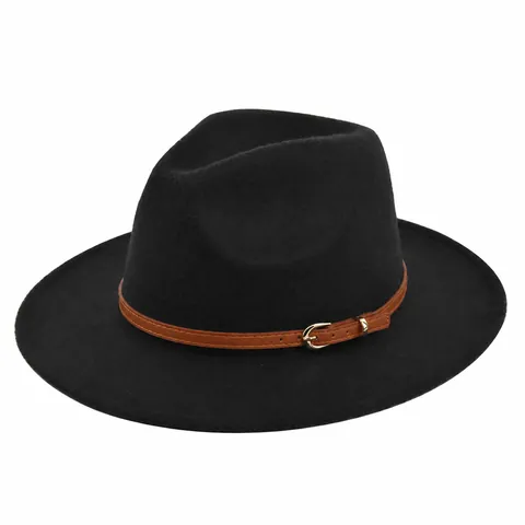 Vintage Wide Brim Fedora Hat Woolen Felt Jazz Hat With Leather Belt Buckle For Men Women Retro Classic Panama Cap