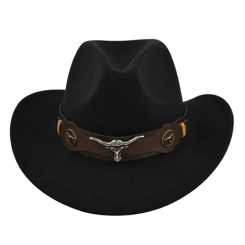 Vintage Western Cowboy Hat For Women Men Wide Brim Felt Jazz Fedora Hat With Bull Head Buckle Leather Band