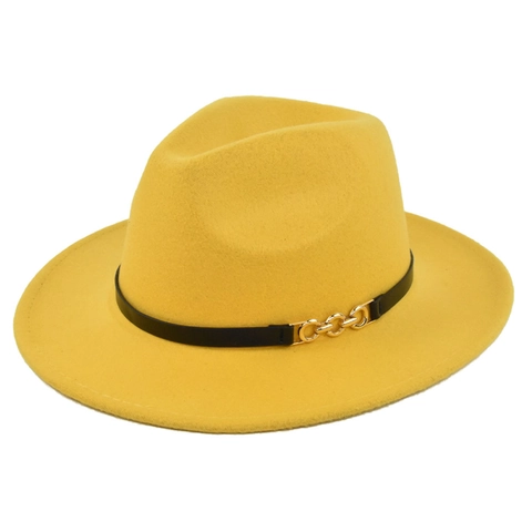 Vintage Fedora Hat For Women Men Wide Flat Brim Woolen Feel Jazz Hat With Gold Chain Belt Buckle Elegant Autumn Winter Panama Cap