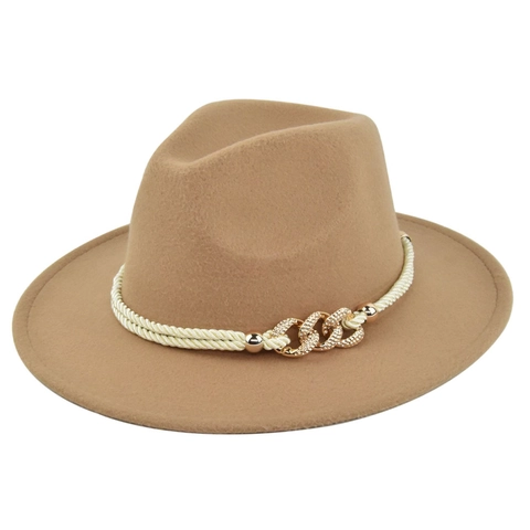 Vintage Britse Stijl Fedora Hoed Brede Rand Wolvilt Jazz Hoed Met Gevlochten Touw Metalen Ketting Voor Vrouwen Mannen Winter