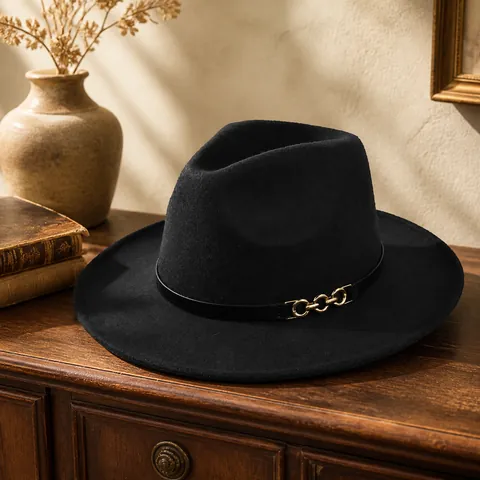 Vintage Fedora Hut Für Damen Herren Breite Flache Krempe Wolloptik Jazz Hut Mit Goldener Kettengürtelschnalle Eleganter Herbst Winter Panama Hut