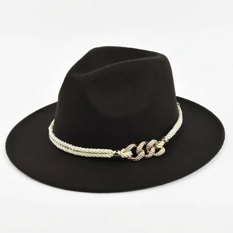 Vintage Britse Stijl Fedora Hoed Brede Rand Wolvilt Jazz Hoed Met Gevlochten Touw Metalen Ketting Voor Vrouwen Mannen Winter