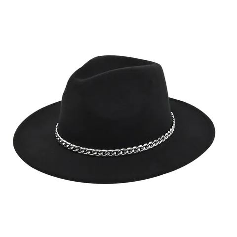 Mode Wollen Fedora Hoed Met Zilveren Cubaanse Schakel Platte Rand Jazzhoed Voor Heren Vrouwen Feest Winter Herfst Warme Muts