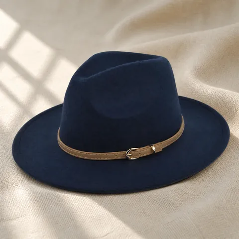 Vintage Breiter Krempe Filz Fedora Hut Flache Krempe Jazz Kappe Mit Gürtelschnalle Für Damen Herren Herbst Winter Mode Hut