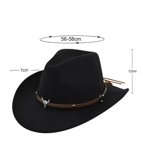 Vintage Westerse Cowboyhoed Met Stierenschedel Metalen Decoratie Brede Rand Polyester Vilt Fedora Jazzhoed Voor Heren Dames Reizen Outdoor