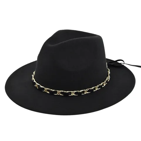 Vintage Woolen Felt Fedora Hat With Metal Chain Wide Brim Jazz Hat For Women Men Retro Style Fashion Solid Color Accessory