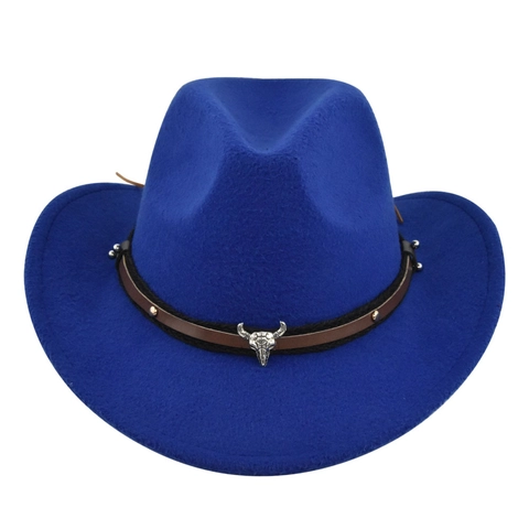 Vintage Western Cowboyhut Breite Krempe Jazz Fedora Mit Metall Stierkopf Dekoration Einfarbiger Filzhut Für Damen Herren