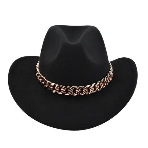 Vintage Western Cowboy Fedora Hoed Met Brede Rand Gouden Cubaanse Ketting Decoratie Polyester Vilt Jazz Hoed Voor Volwassenen