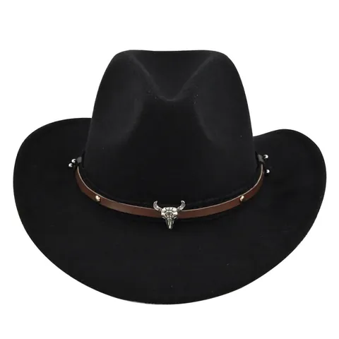 Vintage Westerse Cowboyhoed Met Stierenschedel Metalen Decoratie Brede Rand Polyester Vilt Fedora Jazzhoed Voor Heren Dames Reizen Outdoor