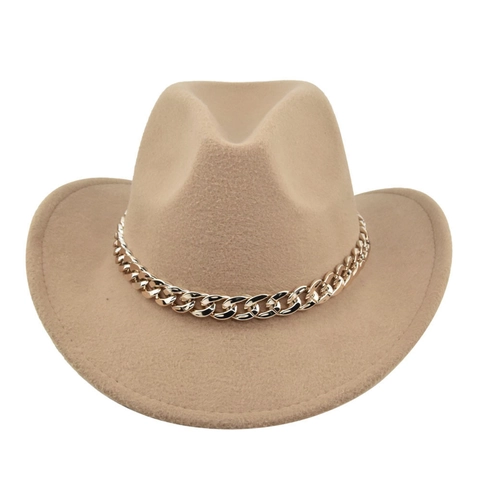 Vintage Western Cowboy Hoed Dames Brede Rand Fedora Met Gouden Ketting Decoratie Polyester Vilt Jazz Hoed Zonneklep