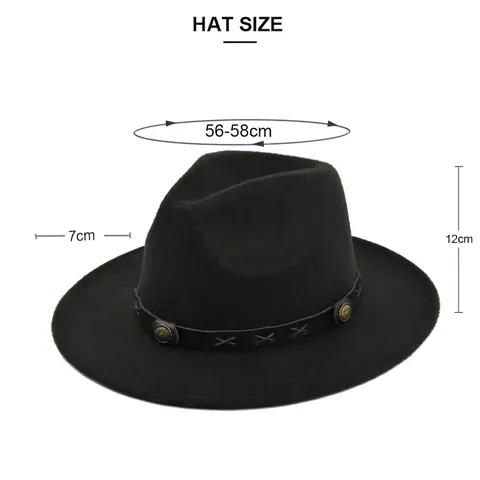 Vintage British Fedora Hat Wide Brim Jazz Hat Leather Band Rivets Faux Wool Polyester Flat Brim Western Cowboy Hat