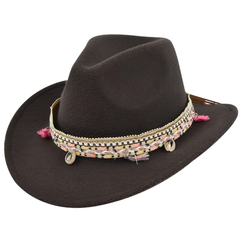 Sombrero de Vaquero Occidental de Lana Vintage para Mujer Fedora Étnico Bohemio Con Borla Concha Banda Tejida Ala Ancha Viaje al Aire Libre