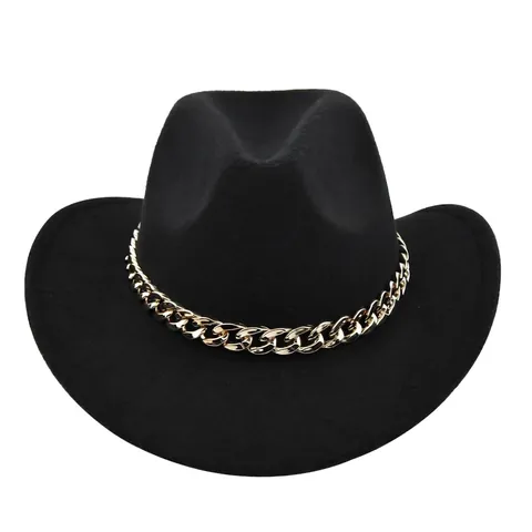 Vintage Western Cowboy Hoed Dames Brede Rand Fedora Met Gouden Ketting Decoratie Polyester Vilt Jazz Hoed Zonneklep