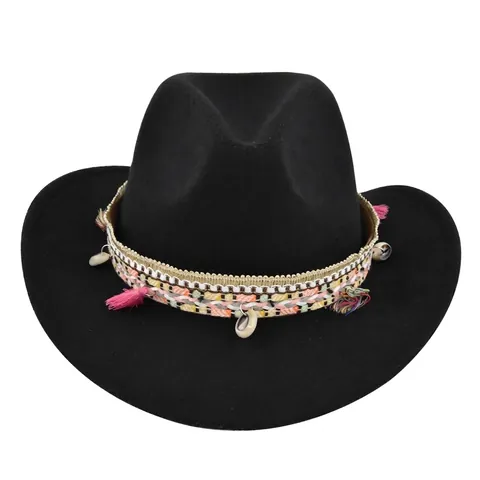 Sombrero de Vaquero Occidental de Lana Vintage para Mujer Fedora Étnico Bohemio Con Borla Concha Banda Tejida Ala Ancha Viaje al Aire Libre