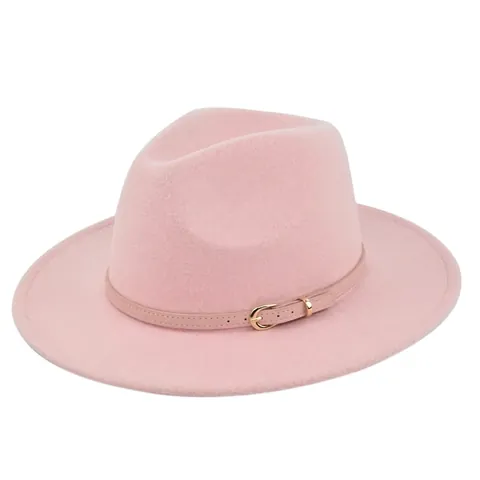 Vintage Fedora Jazz Hoed Dames Brede Rand Imitatie Wolvilt Hoed Met Roze Leren Band En Gouden Metalen Gesp