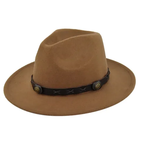 Vintage British Fedora Hat Wide Brim Jazz Hat Leather Band Rivets Faux Wool Polyester Flat Brim Western Cowboy Hat