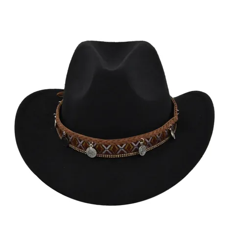 Vintage Western Cowboyhoed Voor Heren Dames Brede Rand Vilt Jazz Fedora Met Etnische Geweven Band En Metalen Charms Feest