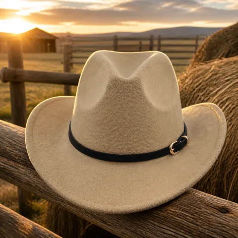 Western Retro Faux Wool Fedora Hat Unisex Wide Brim Cowboy Jazz Hat With Black Belt Buckle Polyester Felt Hat For Outdoors