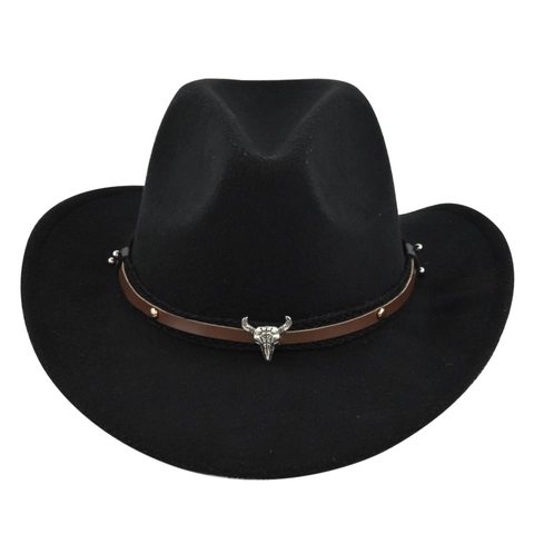 Vintage Western Cowboyhut Breite Krempe Jazz Fedora Mit Metall Stierkopf Dekoration Einfarbiger Filzhut Für Damen Herren