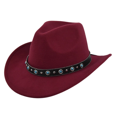 Western Cowboy Hat Wide Brim Fedora With Turquoise Rivet Band Polyester Felt Unisex Vintage Jazz Style Outdoor Travel Party Sun Hat