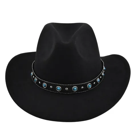 Vintage Western Cowboyhoed Faux Wol Vilt Fedora Brede Rand Jazz Hoed Met Turquoise Kralen Klinknagels Band Voor Dames Heren