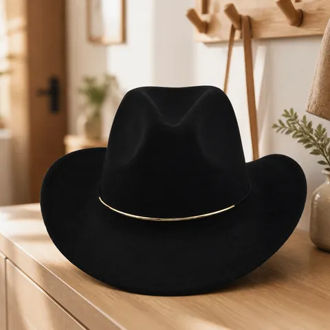 Vintage Western Cowboyhut Breite Krempe Wollfilz Fedora Hut Mit Gold Metallring Jazz Kappe Reise Party Zubehör