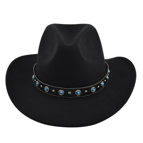 Western Cowboy Hat Wide Brim Fedora With Turquoise Rivet Band Polyester Felt Unisex Vintage Jazz Style Outdoor Travel Party Sun Hat
