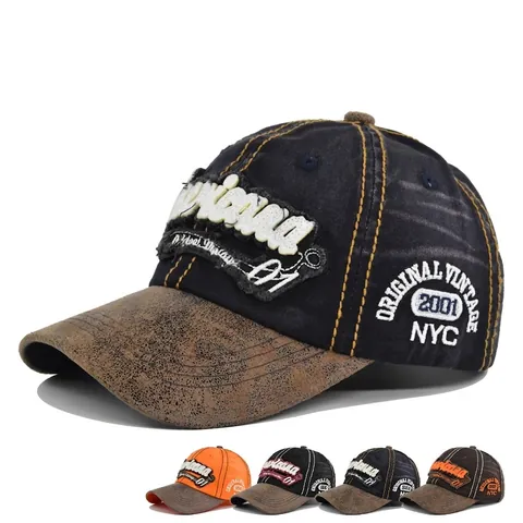 Berretto da Baseball Ricamato Vintage Americana in Cotone Invecchiato Con Tesa in Camoscio Cappello da Sole Regolabile