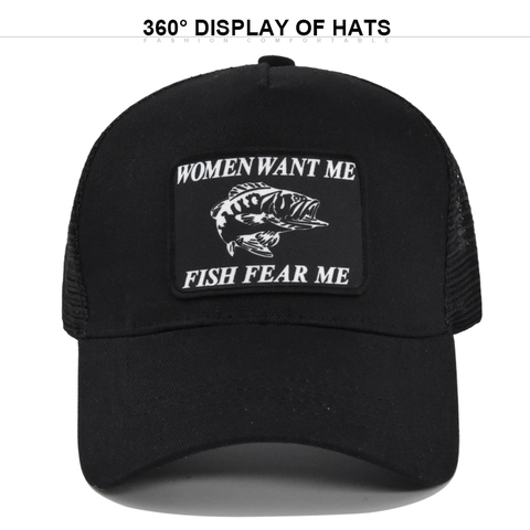 Women Want Me Fish Fear Me Trucker Hat Lustiger Angel Baseball Cap Verstellbar Mesh Sonnenschutz Outdoor Sport Kopfbedeckung