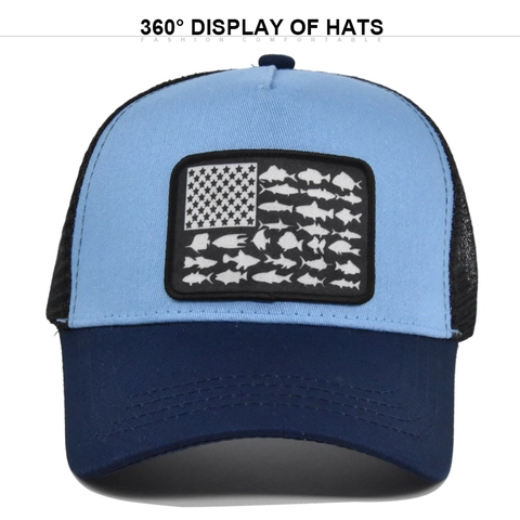 Geborduurde Amerikaanse Vlag Vis Patroon Honkbalpet Ademende Mesh Trucker Pet Verstelbare Buiten Vissen Zonneklep Pet