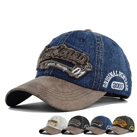 Gorra de Béisbol de Denim Vintage Envejecido para Hombre Mujer Bordado 3D Patchwork Americana Dad Hat Ajustable Lavada con Ala Curva Gorra de Sol