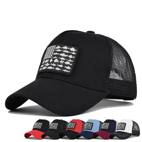 Geborduurde Amerikaanse Vlag Vis Patroon Honkbalpet Ademende Mesh Trucker Pet Verstelbare Buiten Vissen Zonneklep Pet