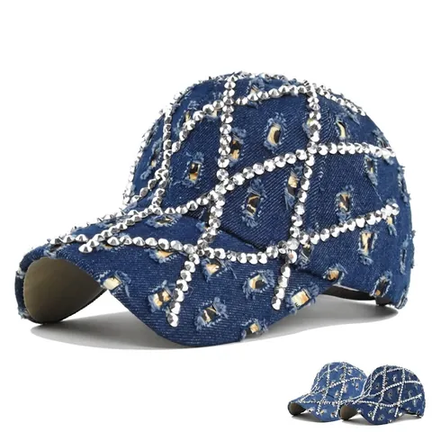 Berretto da Baseball in Denim Effetto Usurato Donna Uomo Vintage con Strass Lavato Cappello Parasole Regolabile Casual Outdoor
