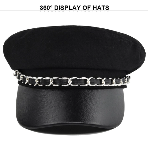 Damen Vintage Schiebermütze Mit Metallkette Schwarz Armeegrün Baumwolle Kunstleder Navy Mütze Britischer Stil Baskenmütze