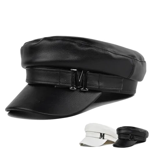 Vintage PU Δερμάτινο Καπέλο Baker Boy για Γυναίκες Flat Top Ναυτικό Καπέλο με Μεταλλική Πόρπη M Μπερέ Μόδας