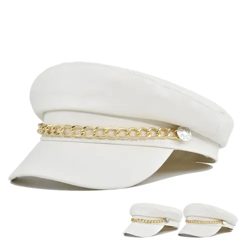 Cappello da Marinaio in Pelle PU Bianca Donna Coppola Vintage Con Catena in Metallo Dorato Berretto Baker Boy Retrò per Inverno