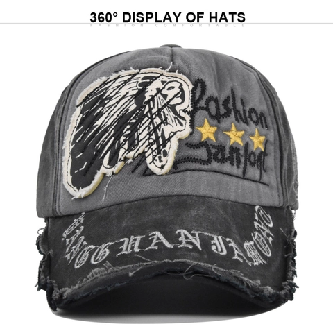 Vintage Washed Distressed Baseball Cap Embroidered Skull Indian Head Stars Patchwork Adjustable Cotton Sun Hat For Unisex